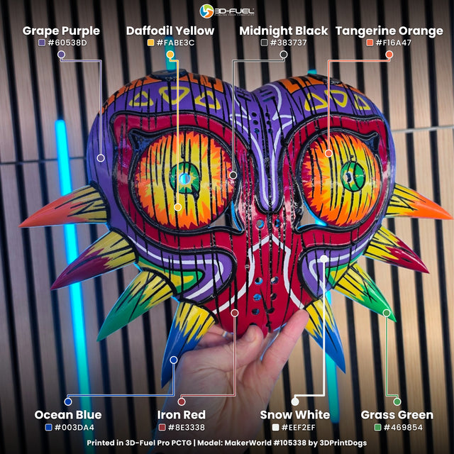 Multicolor mask 3D printed in 8 colors of 3D-Fuel Pro PCTG: Grape Purple, Iron Red, Tangerine Orange, Daffodil Yellow, Grass Green, Ocean Blue, Snow White and Midnight Black, with hex codes